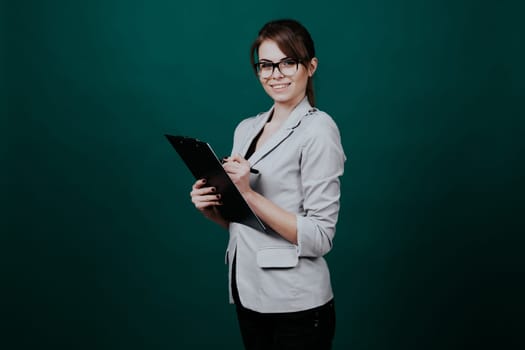 business woman Secretary stands with folder securities teacher