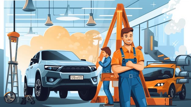 At the auto service. Handsome young auto mechanic in uniform and his colleague, examining car.