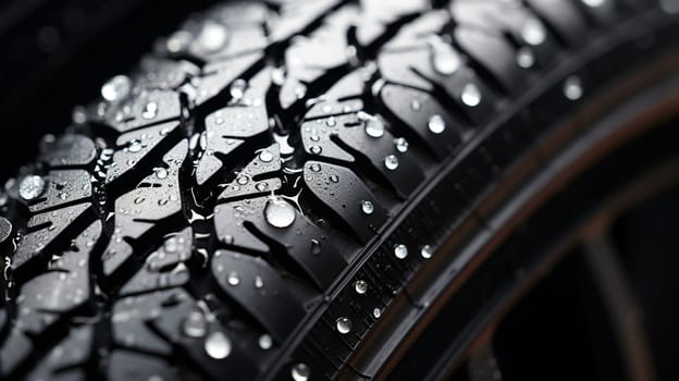 winter tire, friction for snow and ice. asymmetrical tread pattern. close-up on a black background