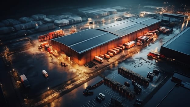 Night aerial view of a warehouse of goods for online stores. Logistic center in the industrial area of the city from above