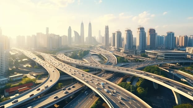 Aerial drone photo of multilevel bridge highway road interchange passing near urban residential area during rush hour.