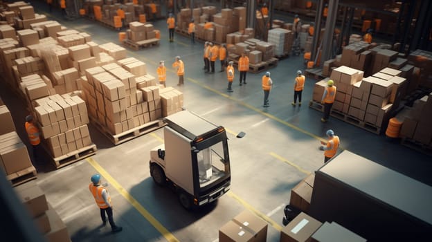 Retail Warehouse full of Shelves with Goods in Cardboard Boxes, Workers Scan and Sort Packages, Move Inventory with Pallet Trucks and Forklifts. Product Distribution Logistics Center. Elevated Shot