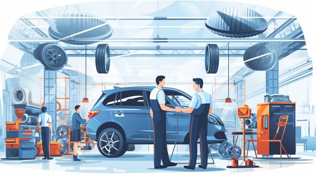 At the auto service. Handsome young auto mechanic in uniform and his colleague, examining car.