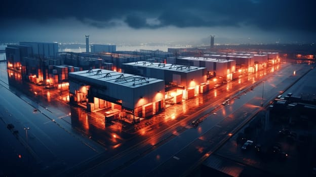 Night aerial view of a warehouse of goods for online stores. Logistic center in the industrial area of the city from above