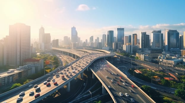 Aerial drone photo of multilevel bridge highway road interchange passing near urban residential area during rush hour.