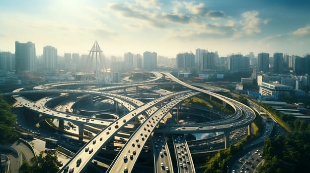 Aerial drone photo of multilevel bridge highway road interchange passing near urban residential area during rush hour.