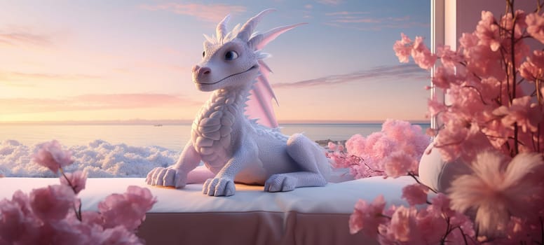 adorable white dragon sits on the sofa in front of the window and waits for the day to come and at dawn he will turn into a princess, room full of flowers in pink unicorn style,high quality photoo