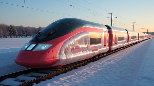 High speed train in motion on the railway station at sunset. Fast moving modern passenger train on railway platform. Railroad with motion blur effect. Commercial transportation. Blurred background