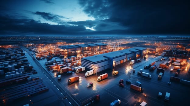 Night aerial view of a warehouse of goods for online stores. Logistic center in the industrial area of the city from above