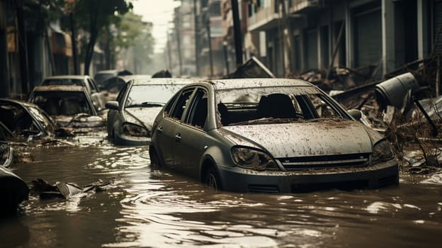 Flooded street after bad weather, hurricane or flooding. The car is moving down a flooded street