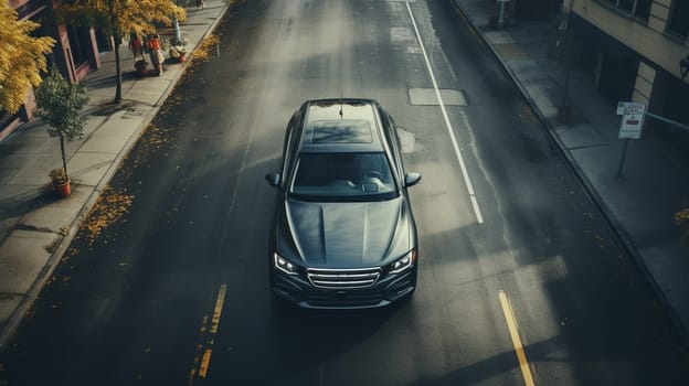 Aerial. A car with road top view. Top view from drone.