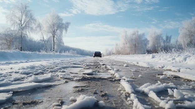 Snow-covered country road through the fields after a blizzard at sunset. Old rustic house in the background. Winter rural scene. Dramatic sky, colorful cloudscape. Ice desert.