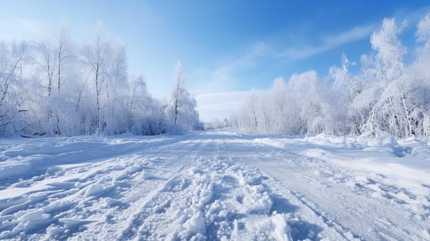 Snow-covered country road through the fields after a blizzard at sunset. Old rustic house in the background. Winter rural scene. Dramatic sky, colorful cloudscape. Ice desert.