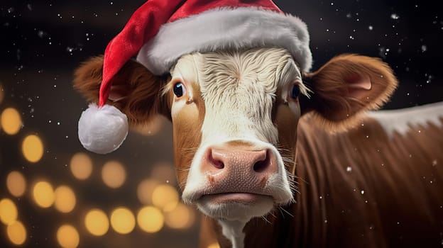 Cow in a Santa Claus hat on a background of bokeh lights, portrait of a pet, copy space, Concept of the Year of the Ox according to the eastern calendar, farm mal background, High quality photography