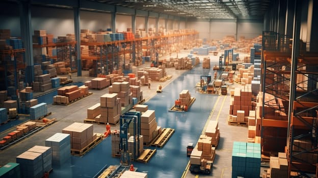 Retail Warehouse full of Shelves with Goods in Cardboard Boxes, Workers Scan and Sort Packages, Move Inventory with Pallet Trucks and Forklifts. Product Distribution Logistics Center. Elevated Shot