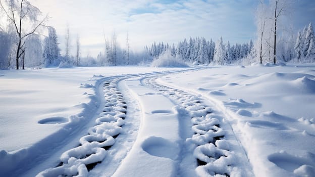 Snow-covered country road through the fields after a blizzard at sunset. Old rustic house in the background. Winter rural scene. Dramatic sky, colorful cloudscape. Ice desert.