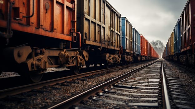 Train moves by rail, delivery of goods by freight train. Train carriages at the station.