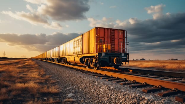 Train moves by rail, delivery of goods by freight train. Train carriages at the station.