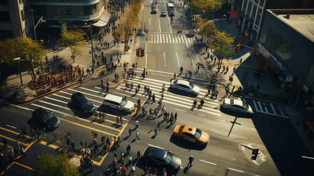 Aerial photo top view of people walk on street in the city over pedestrian crossing traffic road.