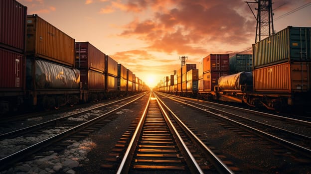 Train moves by rail, delivery of goods by freight train. Train carriages at the station.