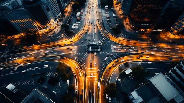 Aerial drone photo of multilevel bridge highway road interchange passing near urban residential area during rush hour.