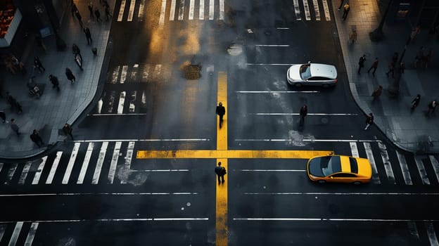 Aerial photo top view of people walk on street in the city over pedestrian crossing traffic road.