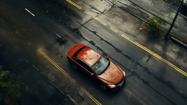 Aerial. A car with road top view. Top view from drone.