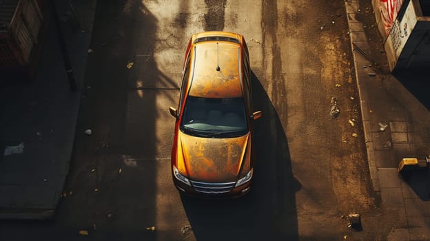 Aerial. A car with road top view. Top view from drone.