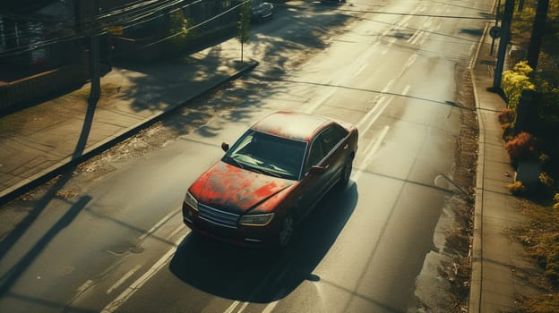 Aerial. A car with road top view. Top view from drone.