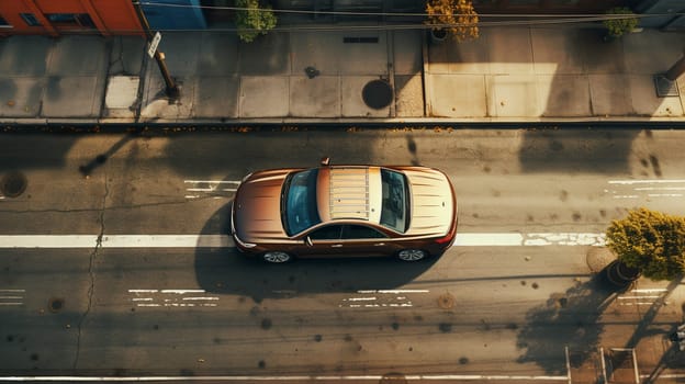 Aerial. A car with road top view. Top view from drone.