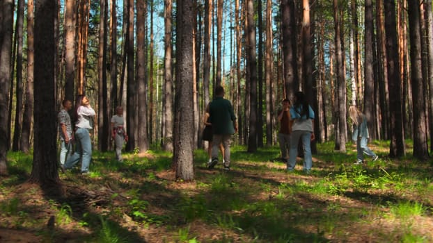 Group of people playing volleyball in forest. Stock footage. People play volleyball on hiking trip in forest. Group of tourists playing ball in forest on sunny summer day.