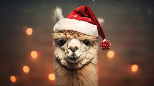 Alpaca in a Christmas hat on a background of bokeh lights, pet portrait, copy space, cheerful domestic farm animals celebrating the new year, high quality photo