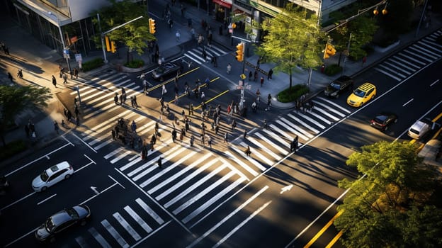 Aerial photo top view of people walk on street in the city over pedestrian crossing traffic road.