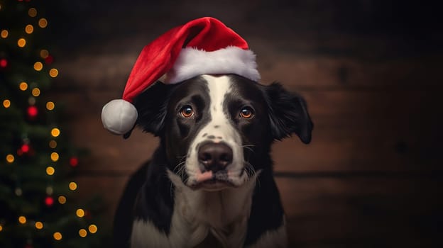 Cute black border collie with white nose wearing Santa hat against background of decorated Christmas tree out of focus and bokeh, Christmas concept with pet, High quality photo