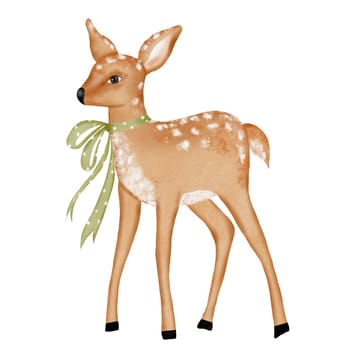 Watercolor drawing of a cute fawn with a green bow isolate on a white background. Pretty deer for printing on educational children's cards and posters.