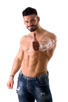 A shirtless man posing for the camera doing thumb up sign, isolated on white in studio shot