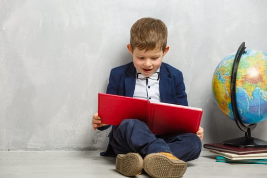 Cute little schoolboy on gray background with space for text.