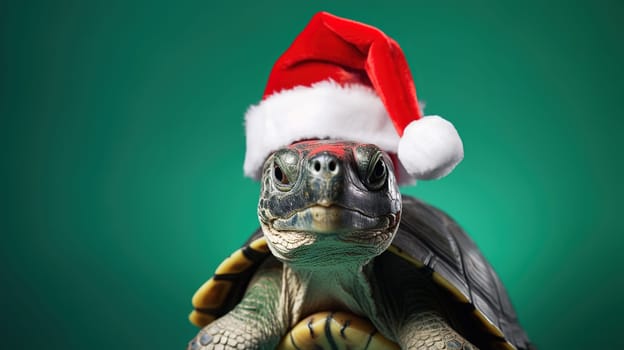 Turtle wearing a Santa hat for Christmas on a green background at home, celebrating the holiday, pets and pets as a gift for the New Year, High quality photo