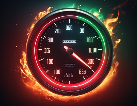 A speedometer shrouded in flames. High quality illustration