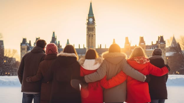 Happy Canadian wearing winter clothes celebrating Christmas holiday at Parliament Hill. People having fun hanging out together walking on city street. Winter holidays and relationship concept.