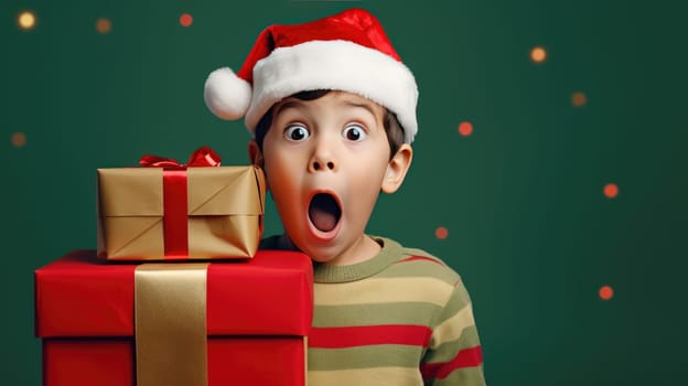 Surprised little boy in Santa Claus hat holding gift box. Christmas holidays. Boxing Day shopping. Holiday shopping.