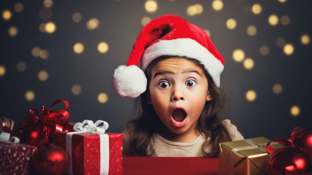 Surprised little girl in Santa Claus hat holding gift box. Christmas holidays. Boxing Day shopping. Holiday shopping.
