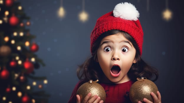 Surprised little girl in Santa Claus hat holding gift box. Christmas holidays. Boxing Day shopping. Holiday shopping.