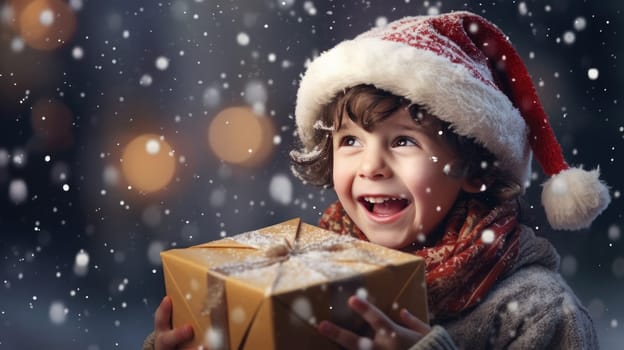 Cute little boy wearing red hat and holding gift box. Christmas and New Year concept. Copy space