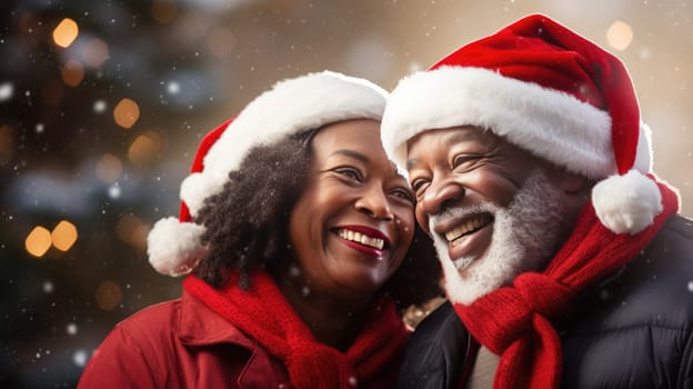 Senior African American couple smiling and wearing Santa hats, looking at camera. Family time Christmas celebration