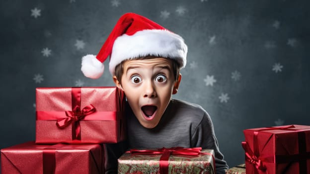 Surprised little boy in Santa Claus hat holding gift box. Christmas holidays. Boxing Day shopping. Holiday shopping.