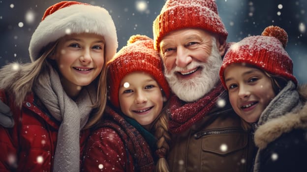 Happy Friends wearing winter clothes celebrating Christmas holiday. People having fun hanging out together walking on city street. Winter holidays and relationship concept.