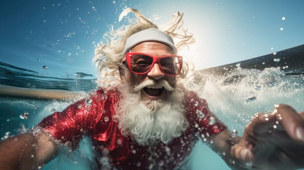 Santa Claus swim and relax in blue transparent pool water. Merry Christmas and Happy New Year travel destinations concept