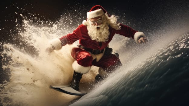 Santa Claus on surf board in ocean. Santa Claus on vacation. Surfing Santa. Santa goes Surfing