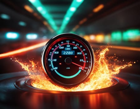 A speedometer shrouded in flames. High quality illustration